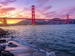 Stan Kalifornia, Zachód słońca, Kamienie, Most Golden Gate Bridge, Stany Zjednoczone, Cieśnina Golden Gate